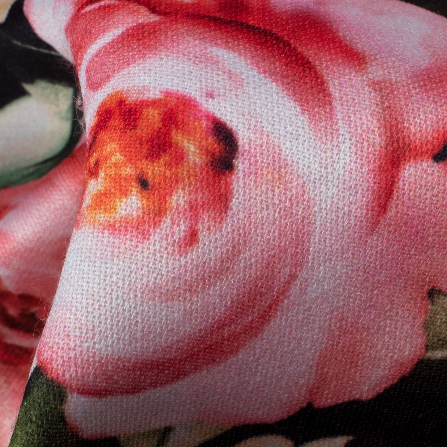 Black And Taffy Pink Floral Pattern Digital Print Jam Satin Fabric