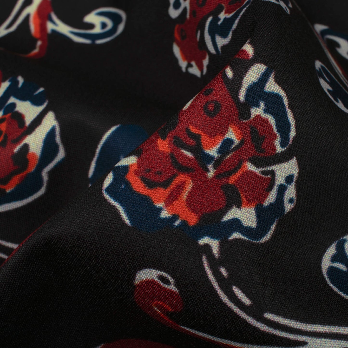 Black And Vermillion Red Floral Pattern Digital Print Poly Micro Crepe Fabric