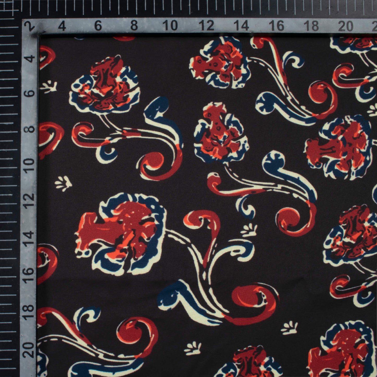 Black And Vermillion Red Floral Pattern Digital Print Poly Micro Crepe Fabric