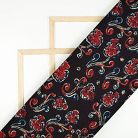 Black And Vermillion Red Floral Pattern Digital Print Poly Micro Crepe Fabric