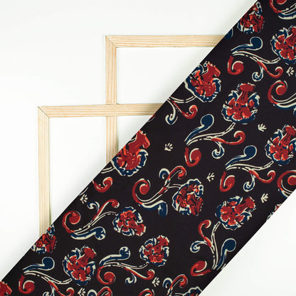 Black And Vermillion Red Floral Pattern Digital Print Poly Micro Crepe Fabric
