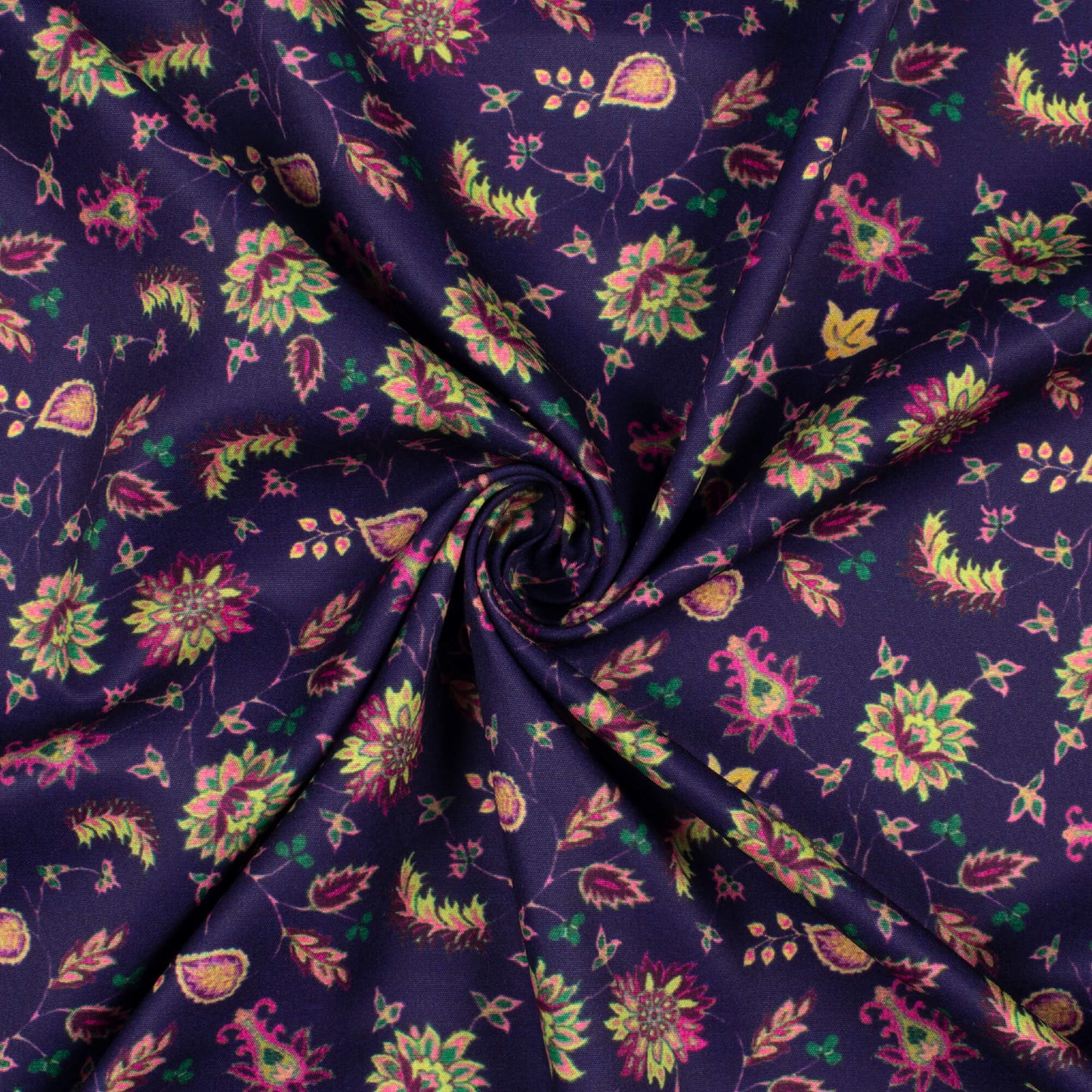 Indigo Blue And Yellow Floral Pattern Digital Print Poly Micro Crepe Fabric