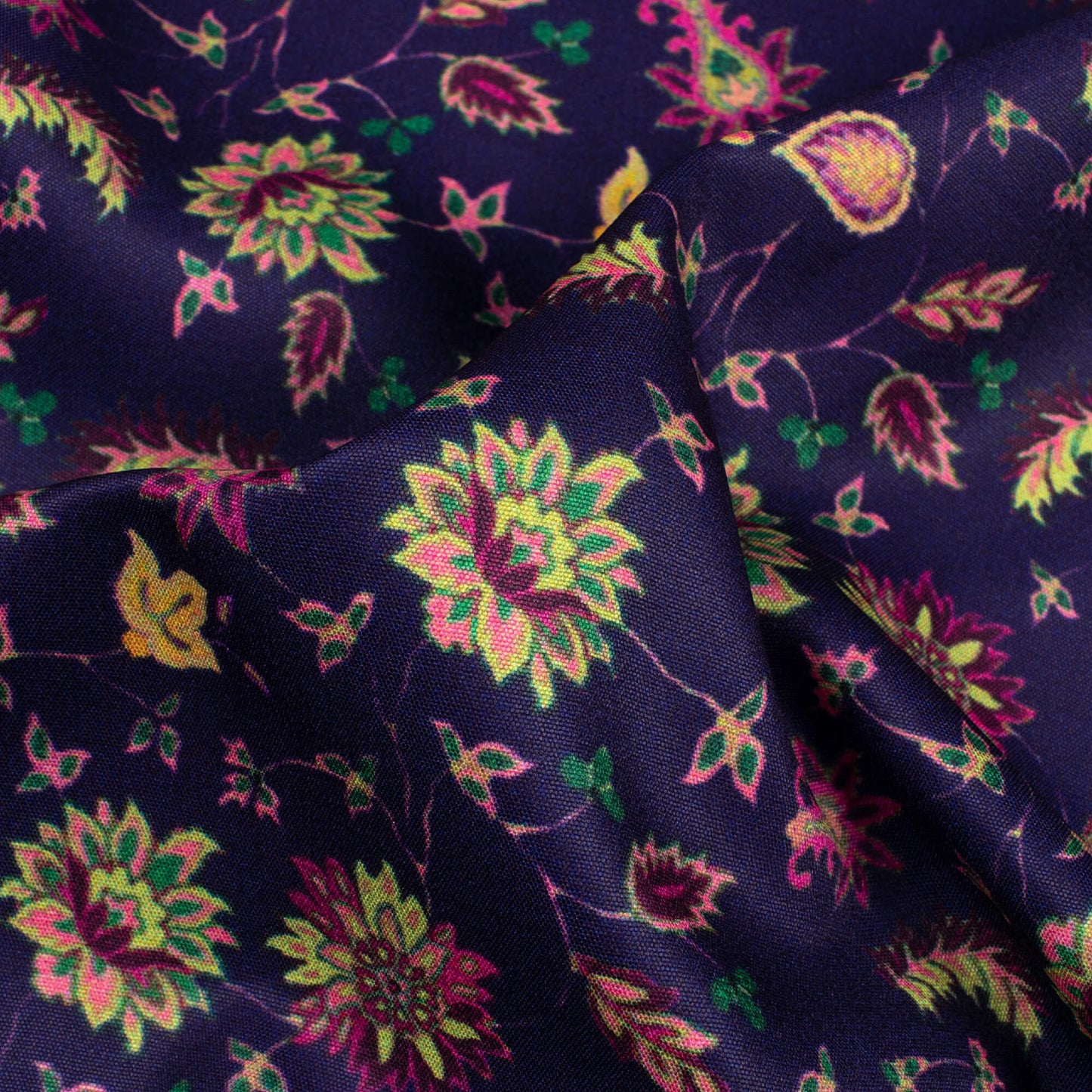 Indigo Blue And Yellow Floral Pattern Digital Print Poly Micro Crepe Fabric
