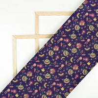 Indiigo Blue And Yellow Floral Pattern Digital Print Poly Micro Crepe Fabric
