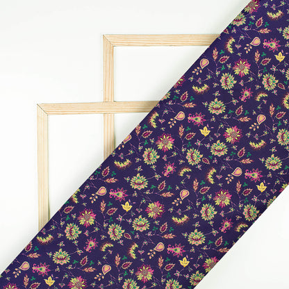 Indiigo Blue And Yellow Floral Pattern Digital Print Poly Micro Crepe Fabric