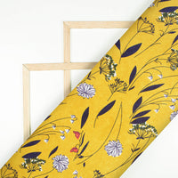 Cyber Yellow And Blue Floral Pattern Digital Print Poly Micro Crepe Fabric