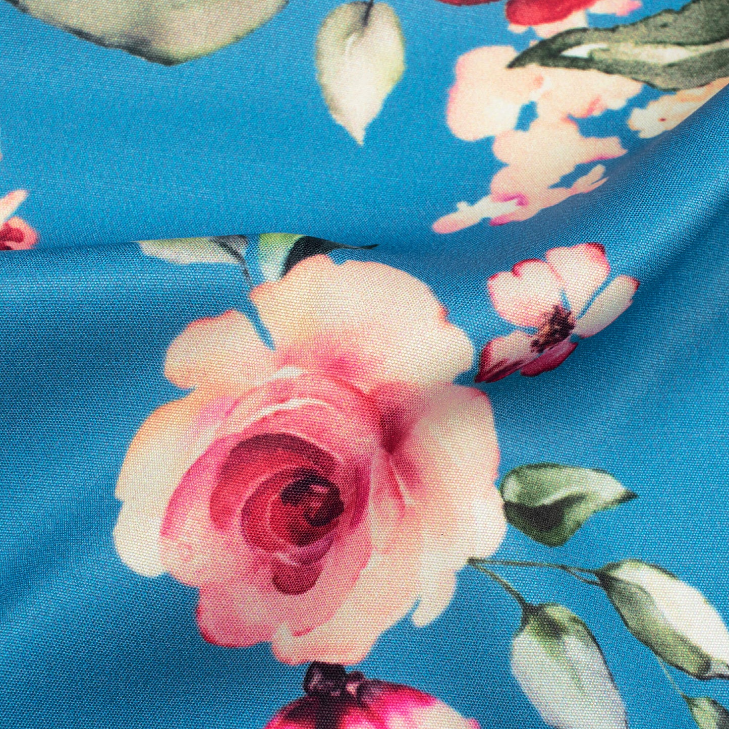 Cerulean Blue And Punch Pink Floral Pattern Digital Print Poly Micro Crepe Fabric