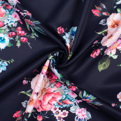 Midnight Blue And Rose Pink Floral Pattern Digital Print Poly Micro Crepe Fabric