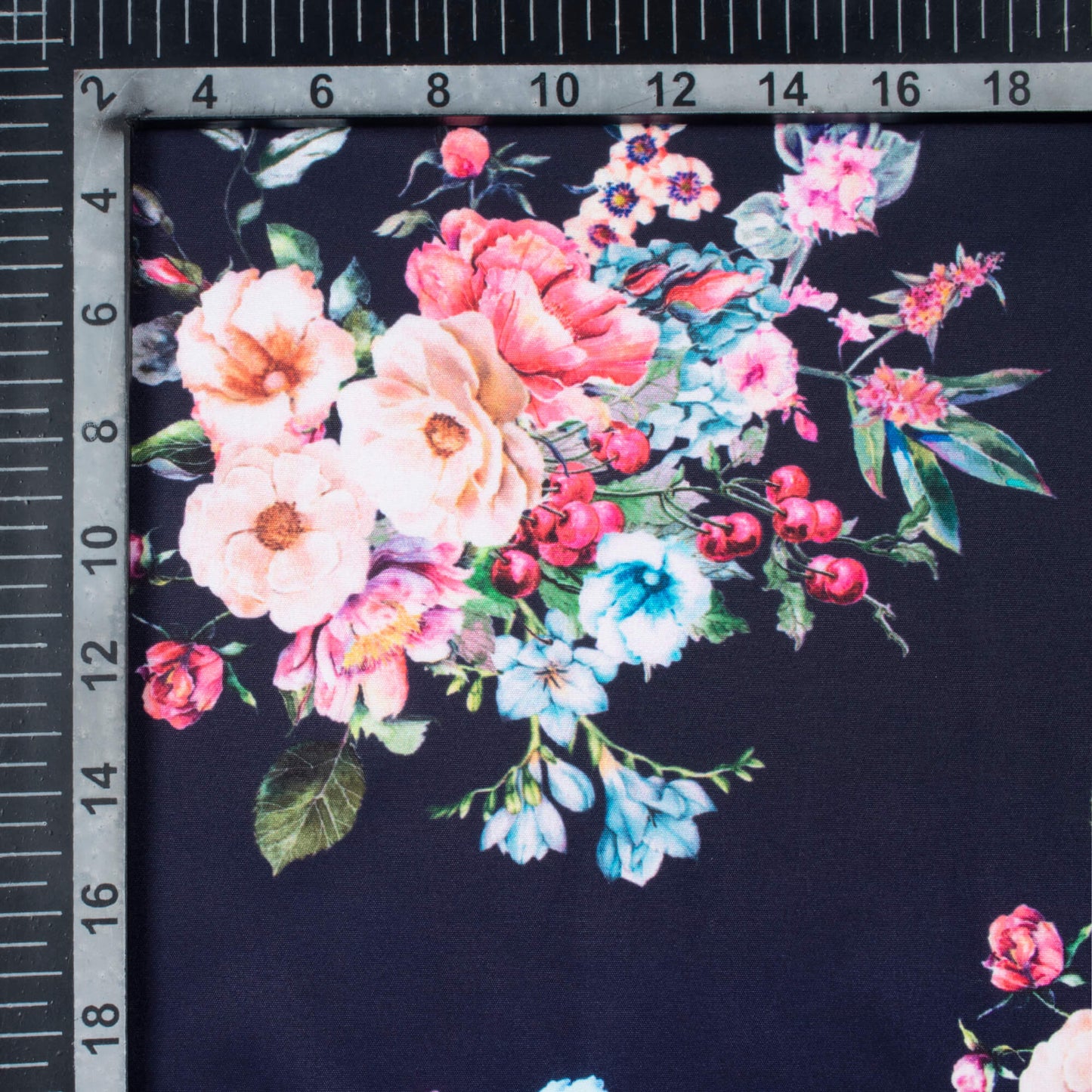 Midnight Blue And Rose Pink Floral Pattern Digital Print Poly Micro Crepe Fabric