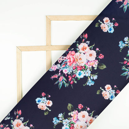 Midnight Blue And Rose Pink Floral Pattern Digital Print Poly Micro Crepe Fabric