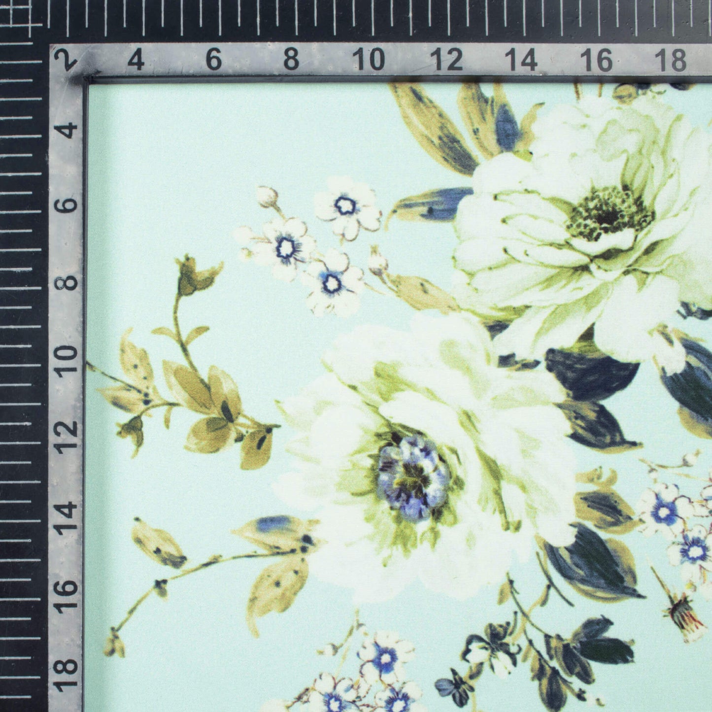 Arctic Blue And Snow White Floral Pattern Digital Print Poly Micro Crepe Fabric