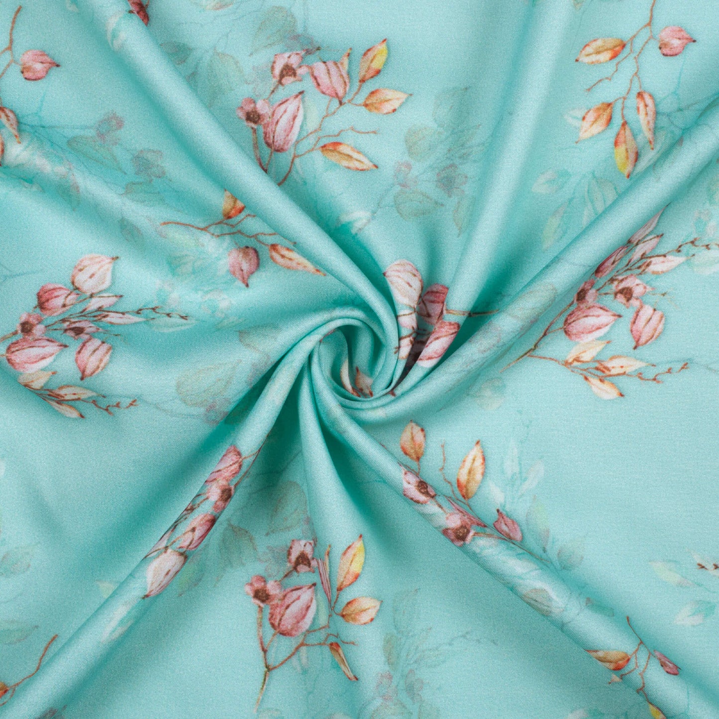 Sky Blue And Pink Floral Pattern Digital Print Poly Micro Crepe Fabric
