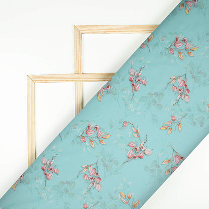 Sky Blue And Pink Floral Pattern Digital Print Poly Micro Crepe Fabric