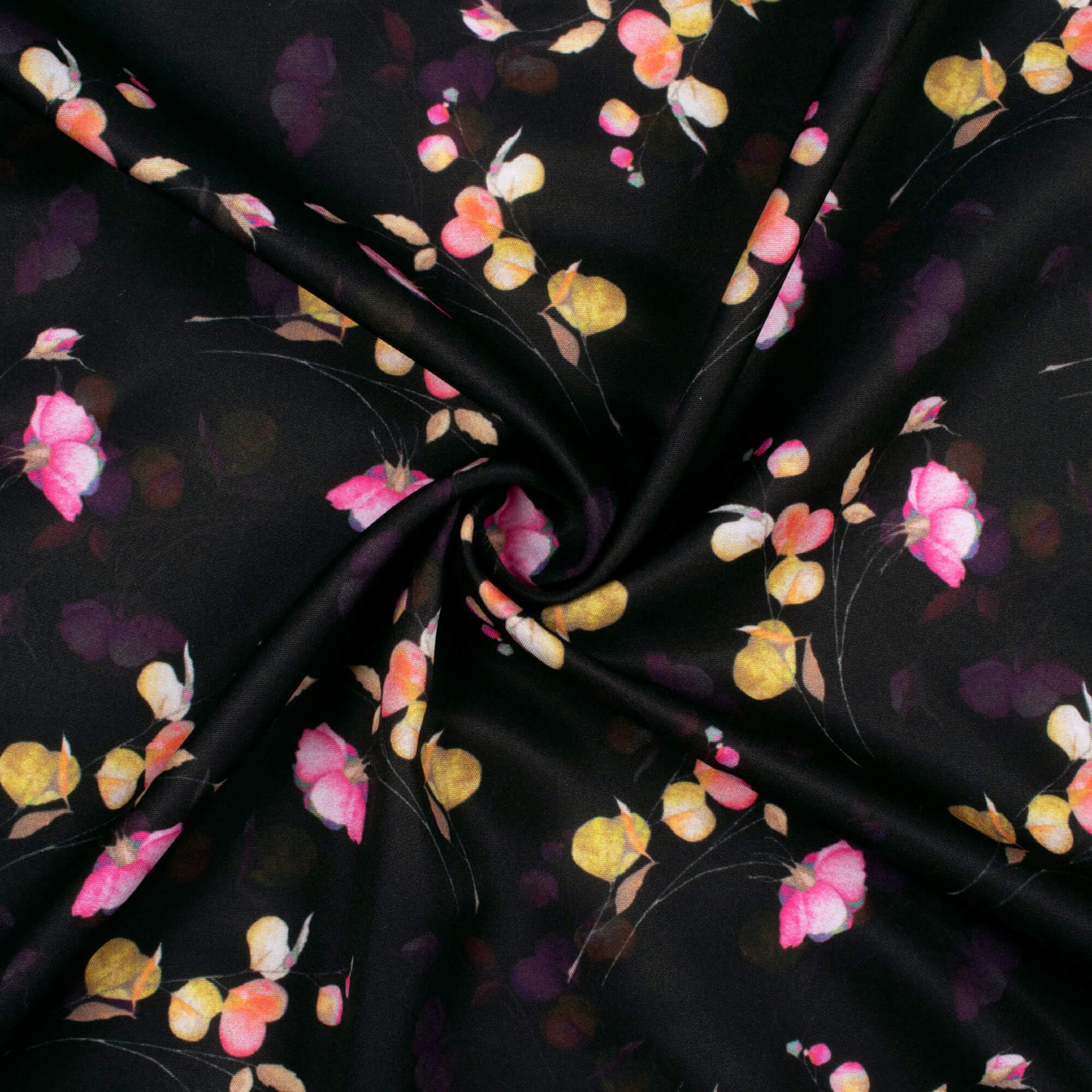 Black And Rose Pink Floral Pattern Digital Print Poly Micro Crepe Fabric