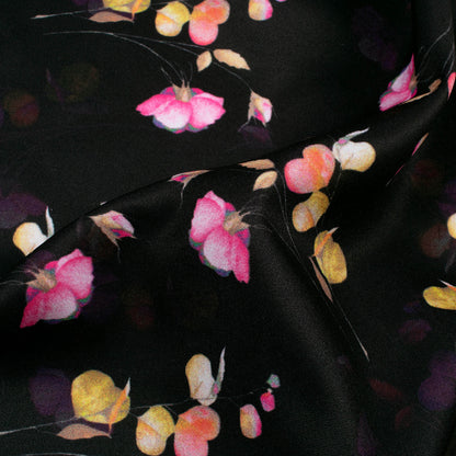 Black And Rose Pink Floral Pattern Digital Print Poly Micro Crepe Fabric