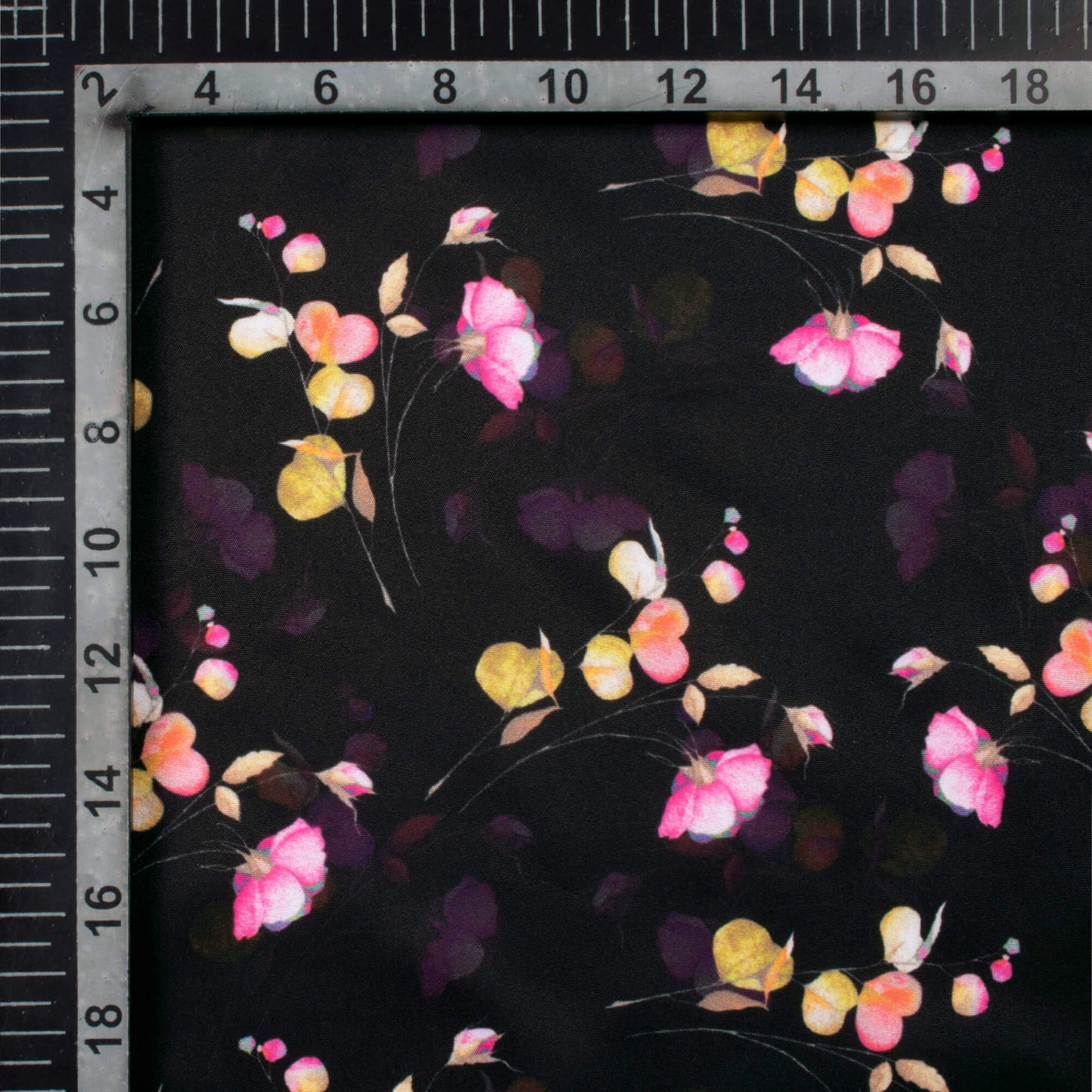 Black And Rose Pink Floral Pattern Digital Print Poly Micro Crepe Fabric