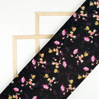 Black And Rose Pink Floral Pattern Digital Print Poly Micro Crepe Fabric