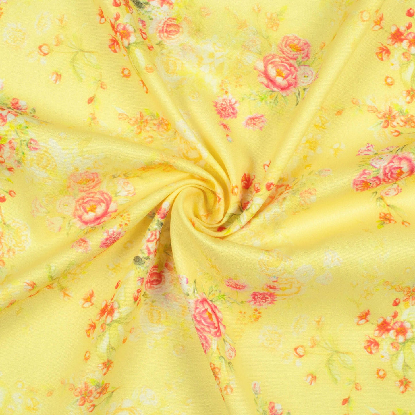Pale Yellow And Pink Floral Pattern Digital Print Poly Micro Crepe Fabric