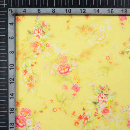 Pale Yellow And Pink Floral Pattern Digital Print Poly Micro Crepe Fabric
