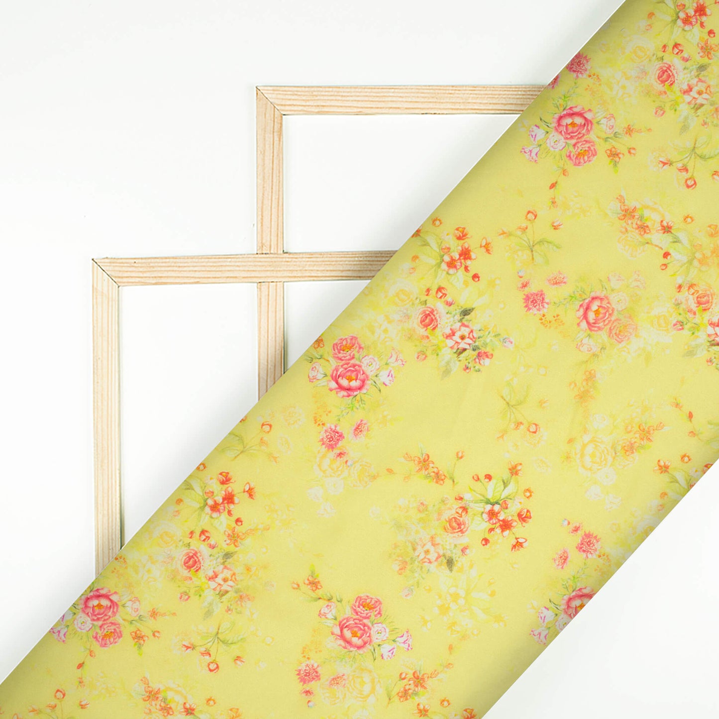 Pale Yellow And Pink Floral Pattern Digital Print Poly Micro Crepe Fabric