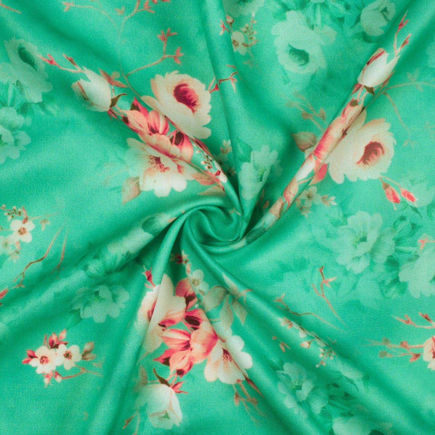 Emerald Green And Pink Floral Pattern Digital Print Poly Micro Crepe Fabric