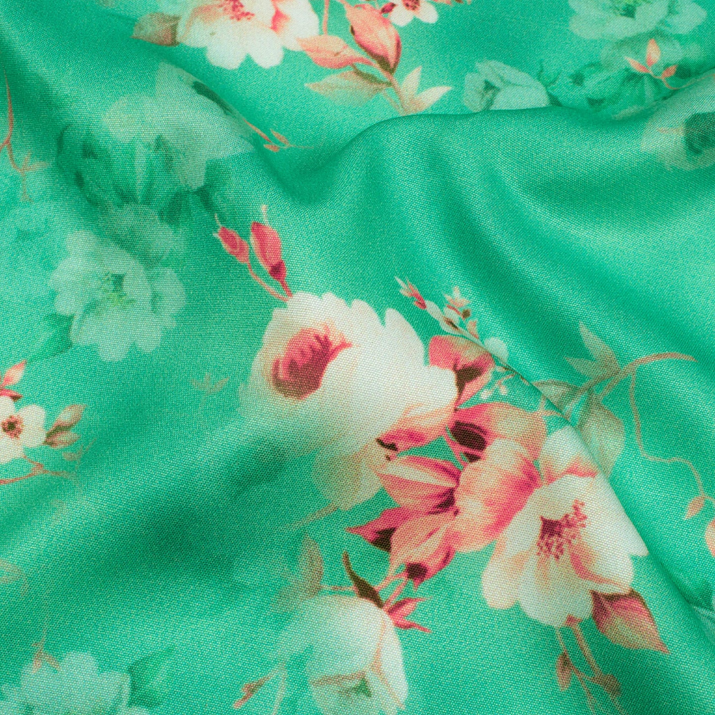 Emerald Green And Pink Floral Pattern Digital Print Poly Micro Crepe Fabric