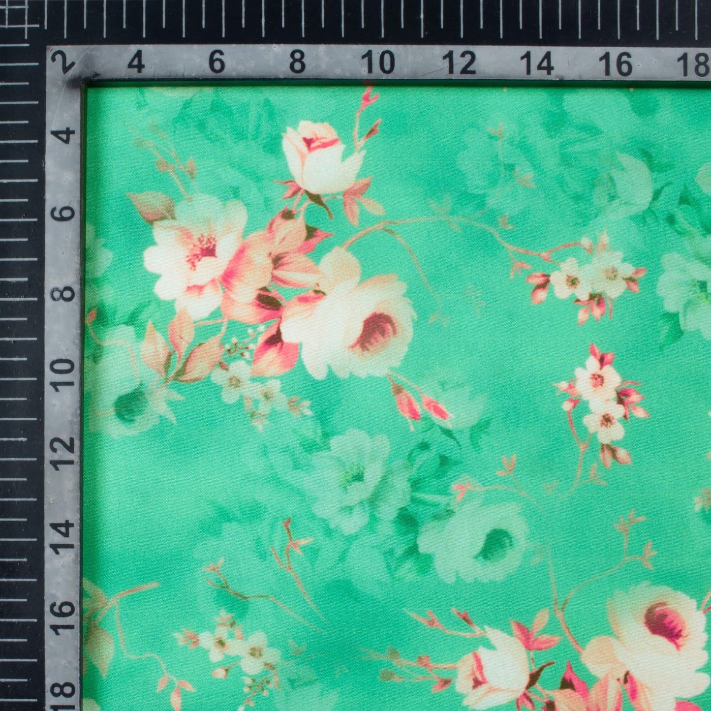 Emerald Green And Pink Floral Pattern Digital Print Poly Micro Crepe Fabric