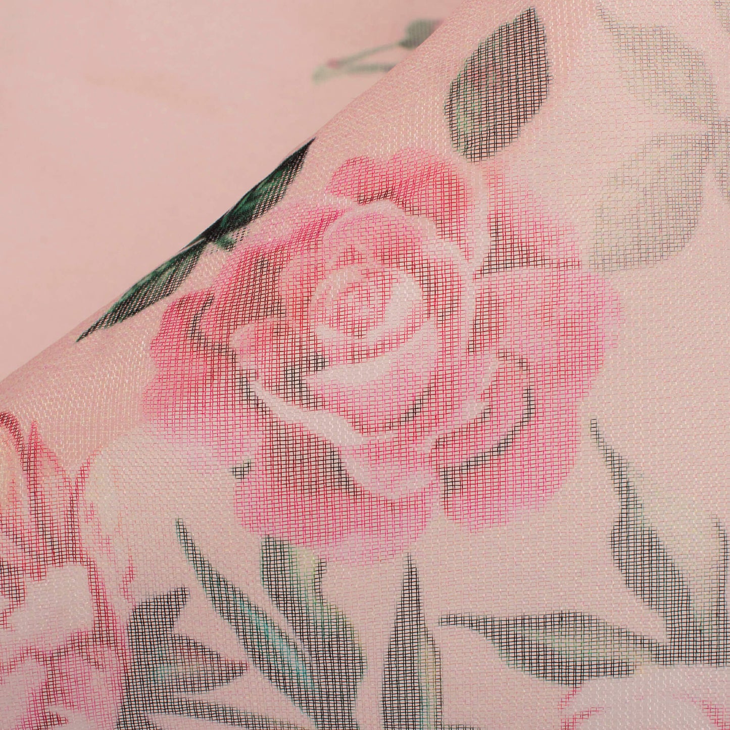 Ivory Cream And Rose Pink Floral Pattern Digital Print Organza Fabric (Width 58 Inches)