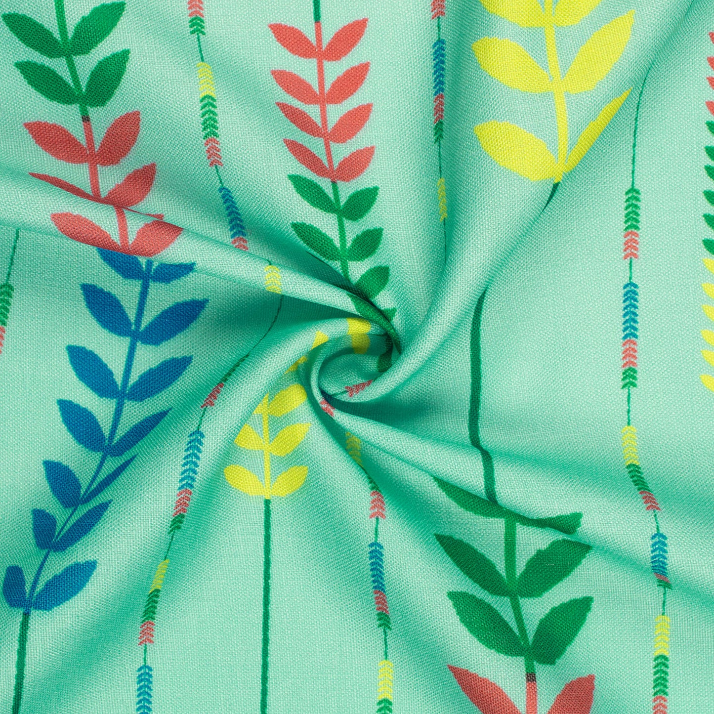 Paris Green And Yellow Leaf Pattern Digital Print Poly Linen Slub Fabric