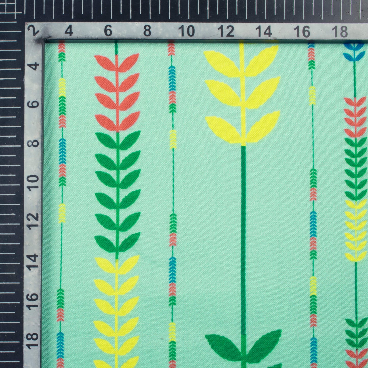 Paris Green And Yellow Leaf Pattern Digital Print Poly Linen Slub Fabric