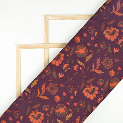 Pecan Brown And Orange Floral Pattern Digital Print Poly Linen Slub Fabric