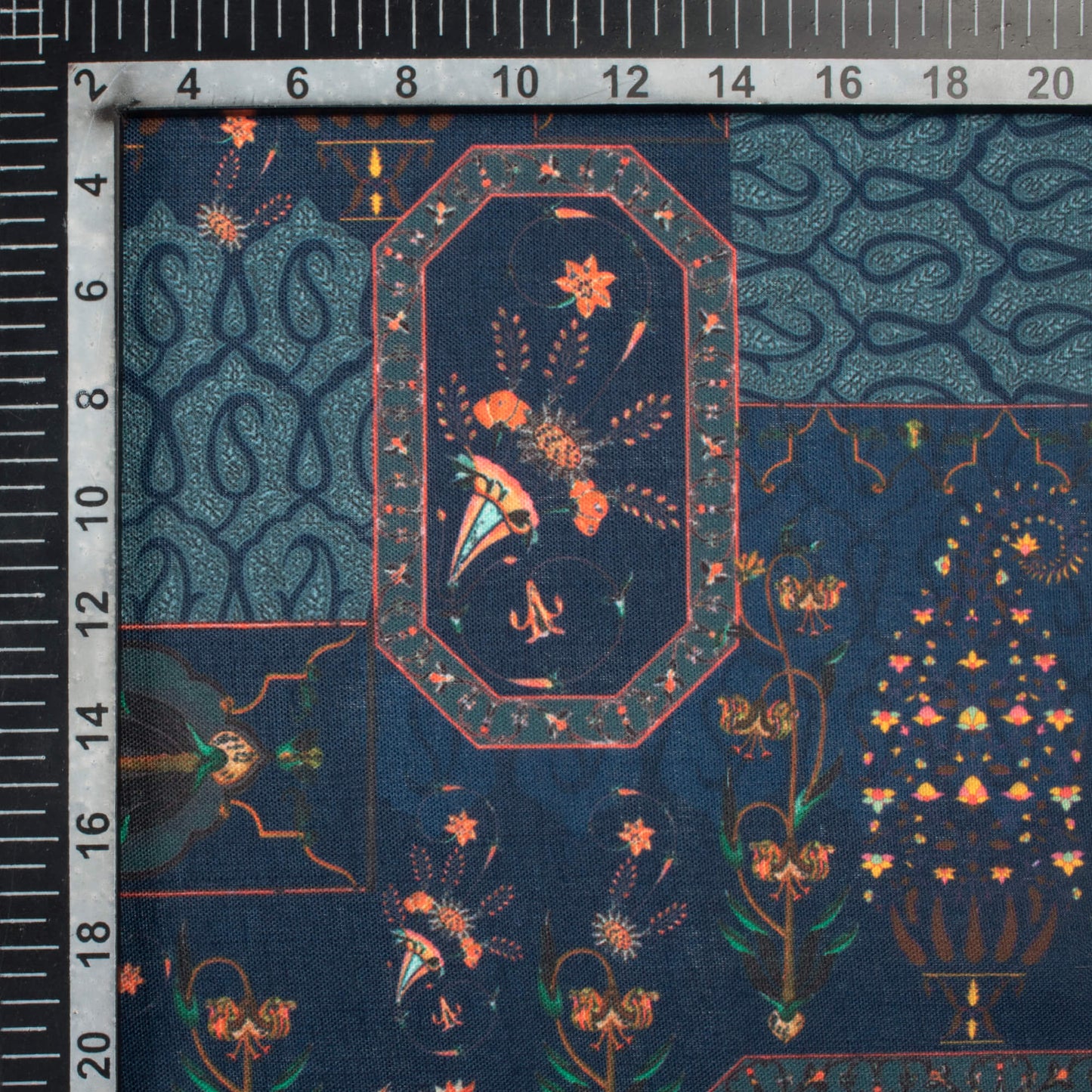 Prussian Blue Traditional Pattern Digital Print Poly Linen Slub Fabric