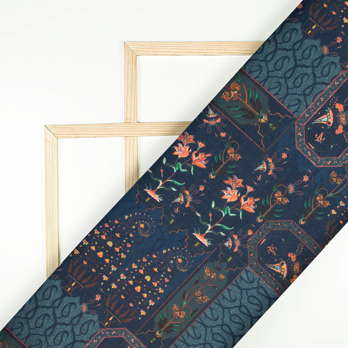 Prussian Blue Traditional Pattern Digital Print Poly Linen Slub Fabric