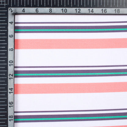 White And Salmon Pink Stripes Pattern Digital Print Poly Linen Slub Fabric