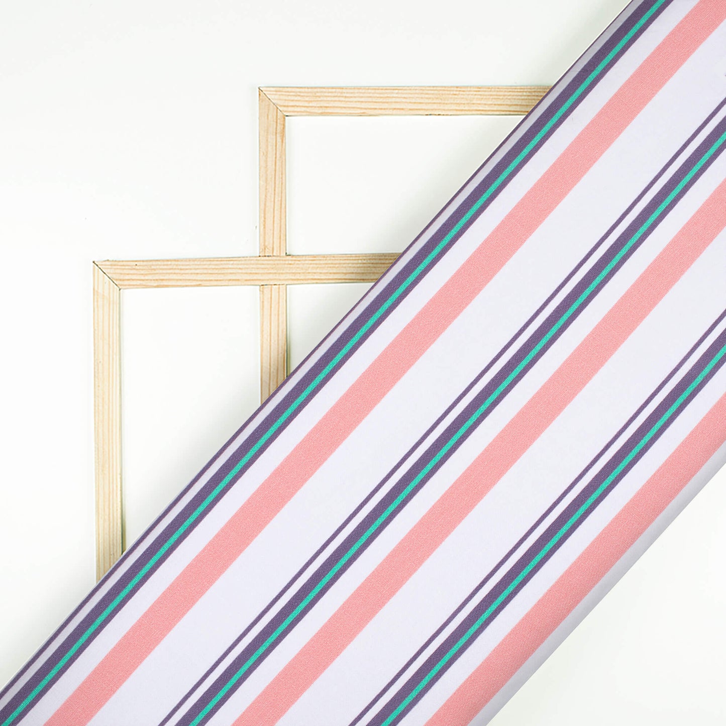 White And Salmon Pink Stripes Pattern Digital Print Poly Linen Slub Fabric