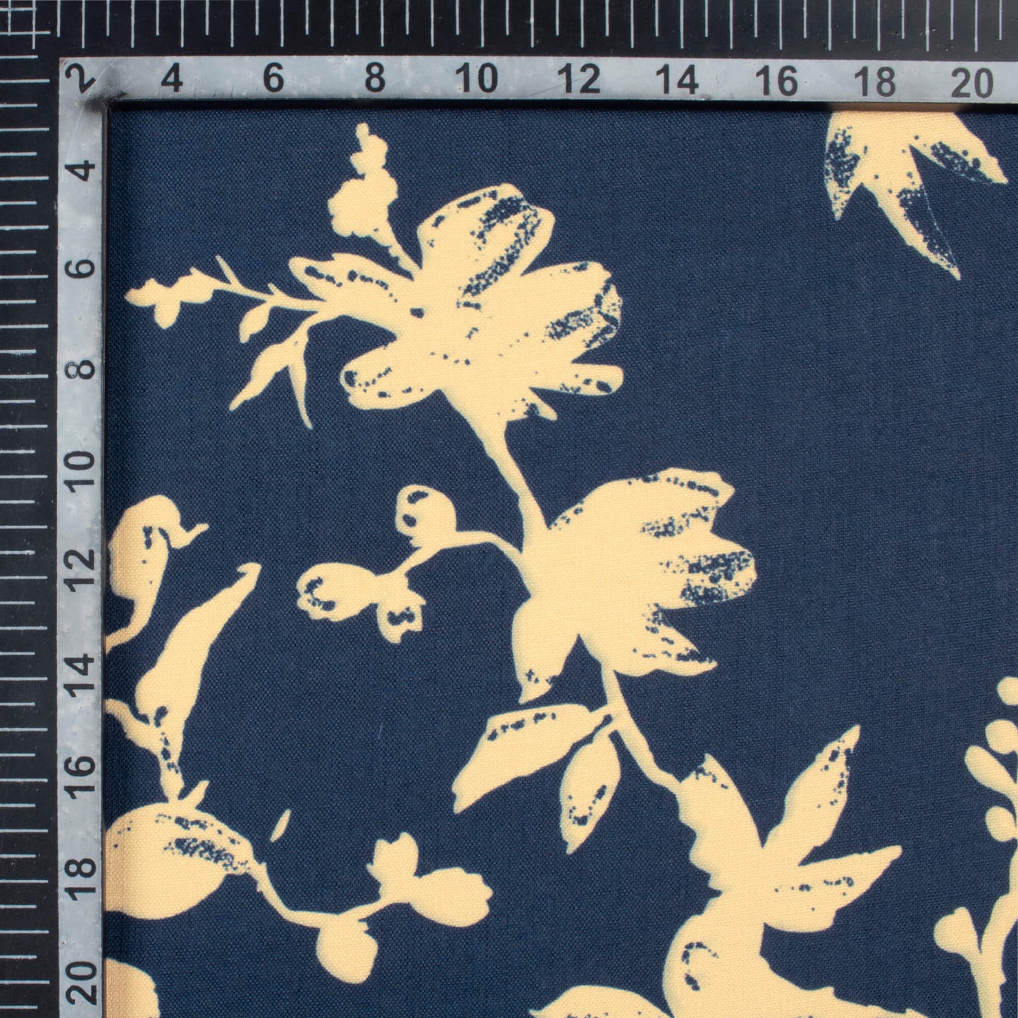 Space Blue And Sand Beige Floral Pattern Digital Print Poly Linen Slub Fabric