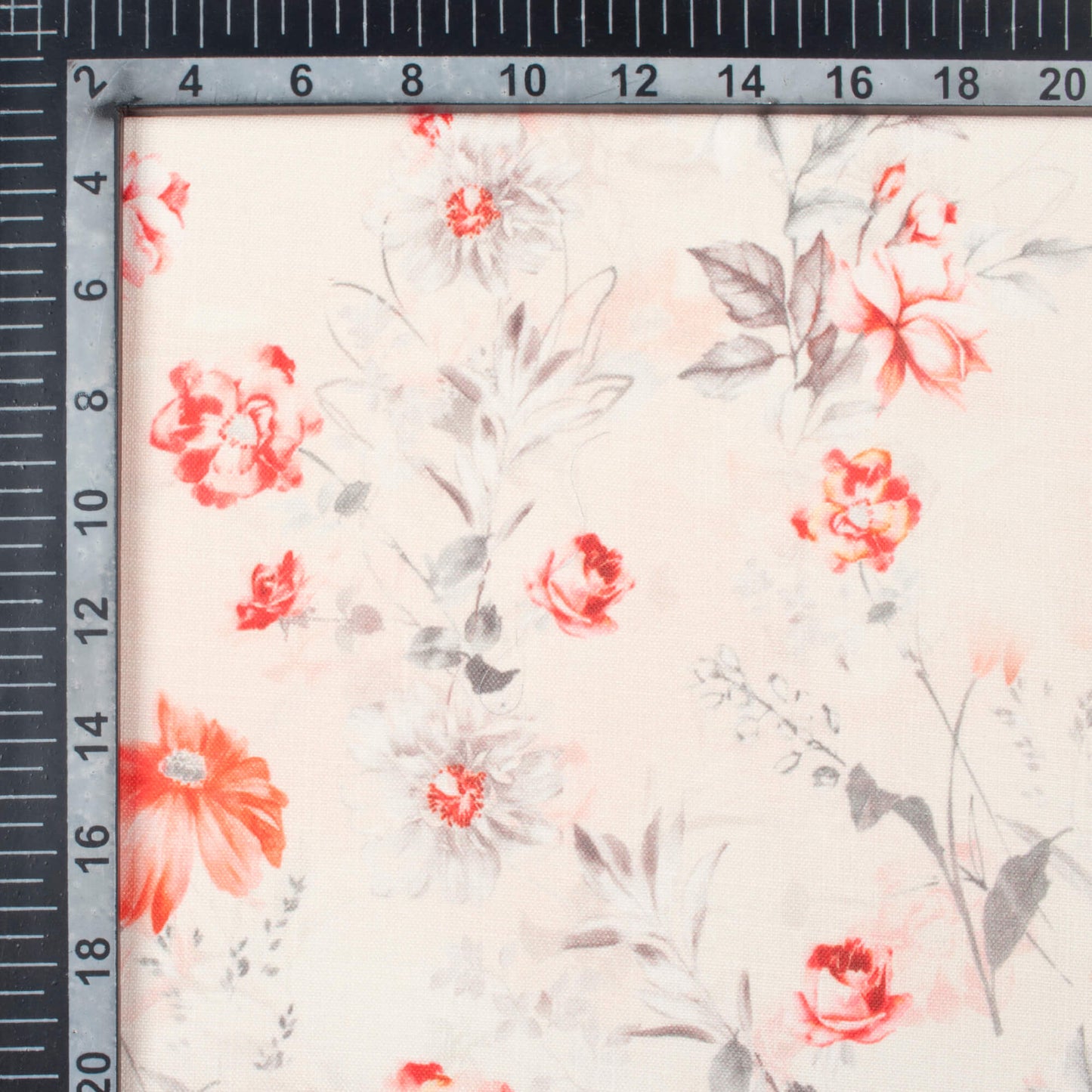 Cream And Peach Floral Pattern Digital Print Poly Linen Slub Fabric