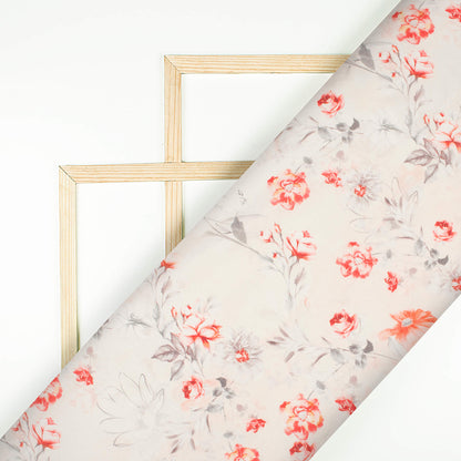 Cream And Peach Floral Pattern Digital Print Poly Linen Slub Fabric