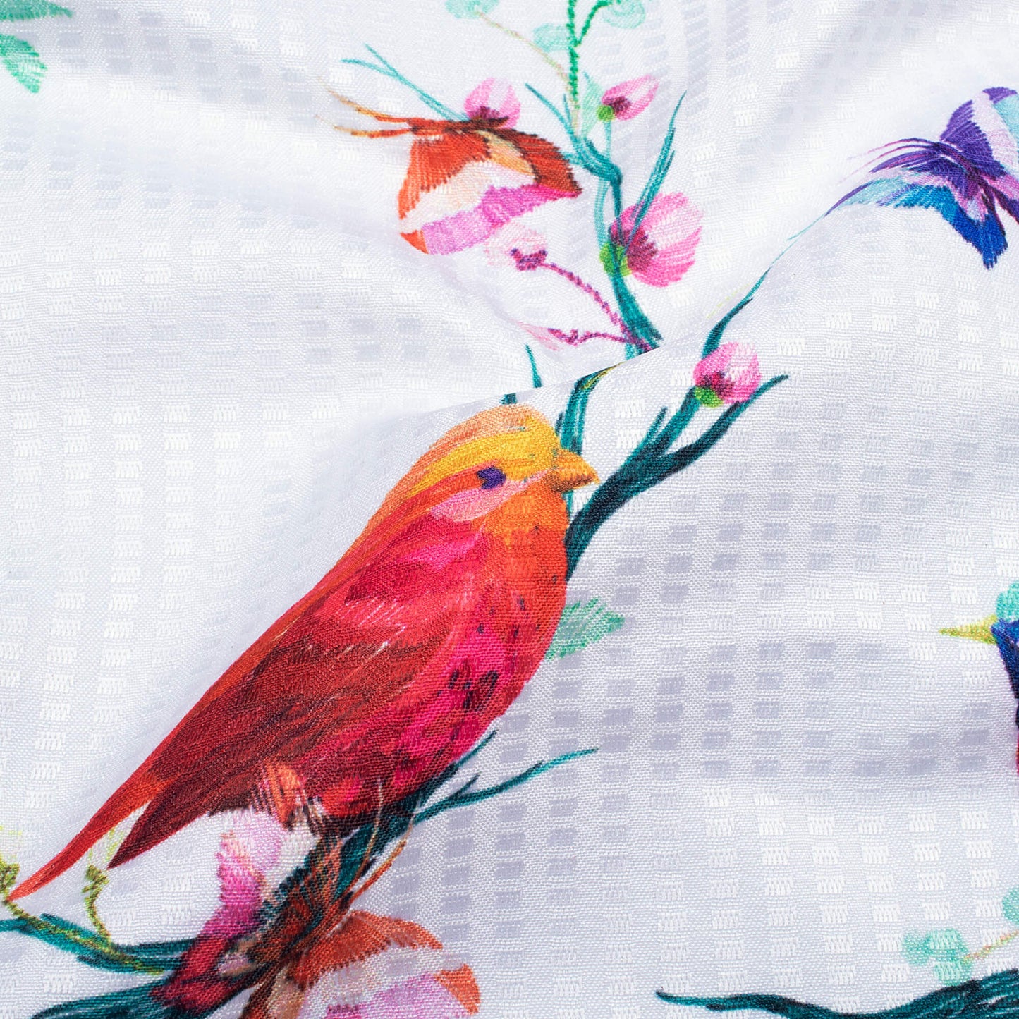 Premium White And Green Bird Pattern Digital Print Sherwani Fabric (Width 58 Inches)