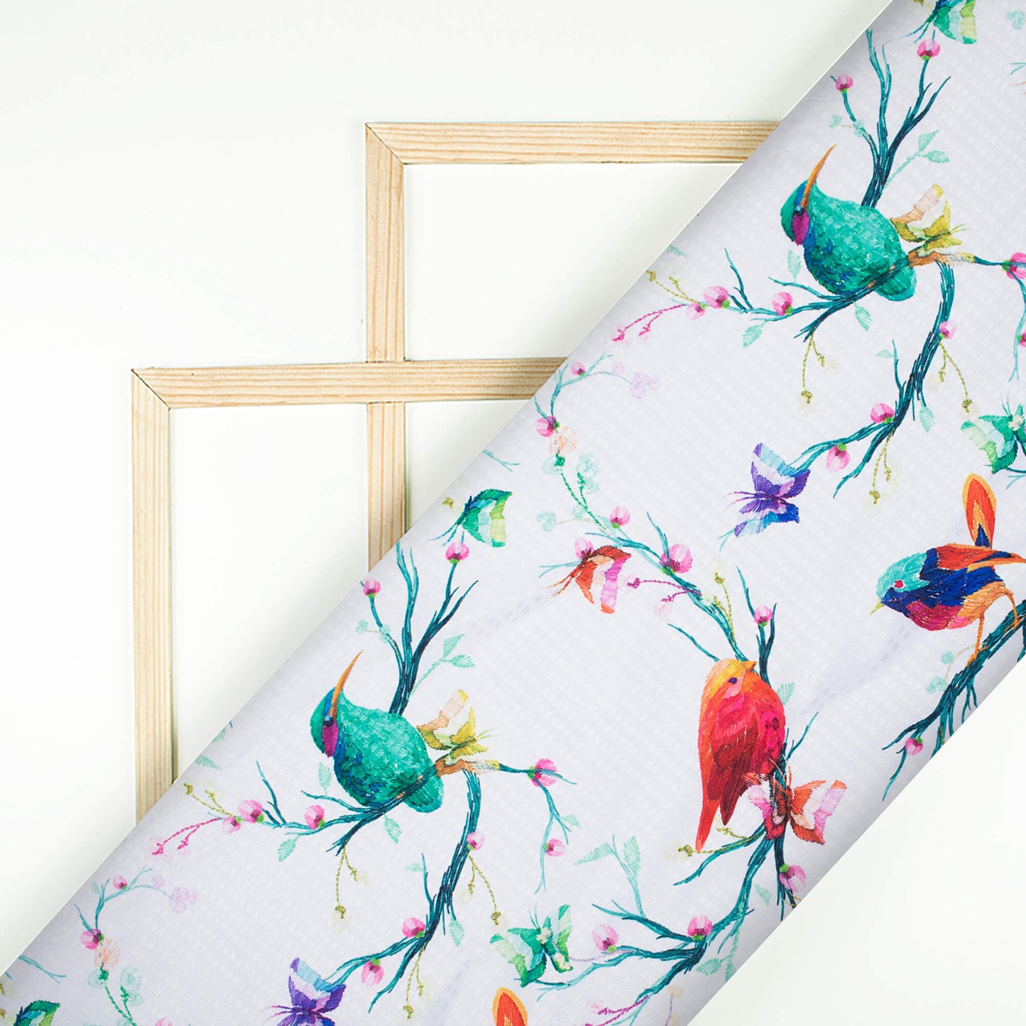 Premium White And Green Bird Pattern Digital Print Sherwani Fabric (Width 58 Inches)