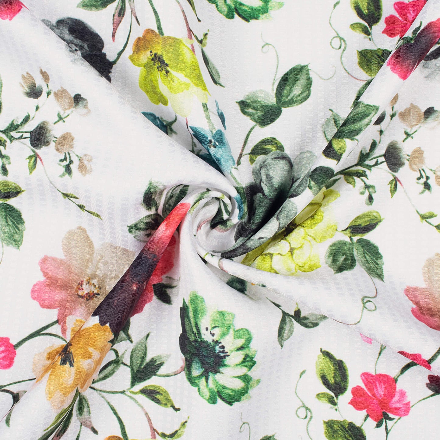 Daisy White And Fern Green Floral Pattern Digital Print Sherwani Fabric (Width 58 Inches)