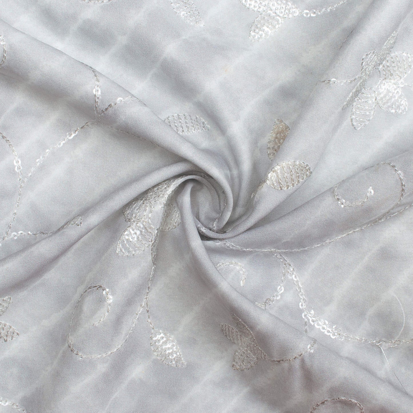 Pearl Grey And White Leheriya Pattern Digital Print Floral Sequins Embroidery Ultra Premium Butter Crepe Fabric