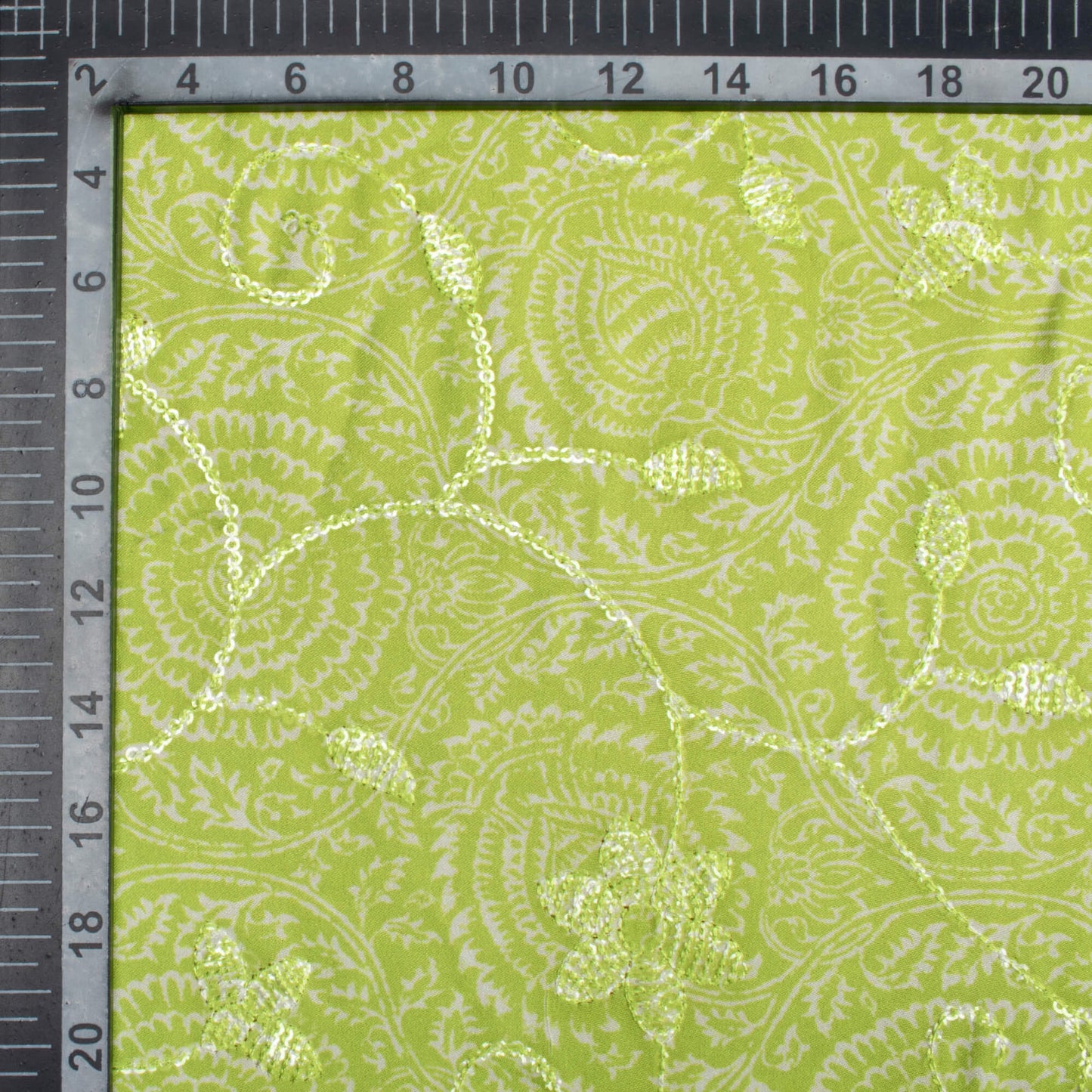 Pear Green And Off White Floral Pattern Digital Print Floral Sequins Embroidery Ultra Premium Butter Crepe Fabric
