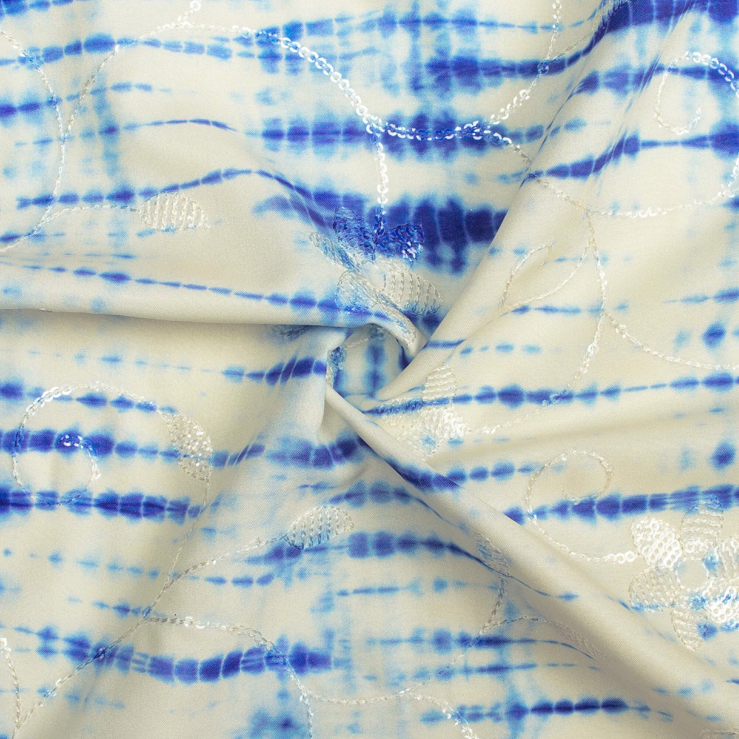 Ivory Cream And Royal Blue Shibori Pattern Digital Print Floral Sequins Embroidery Ultra Premium Butter Crepe Fabric