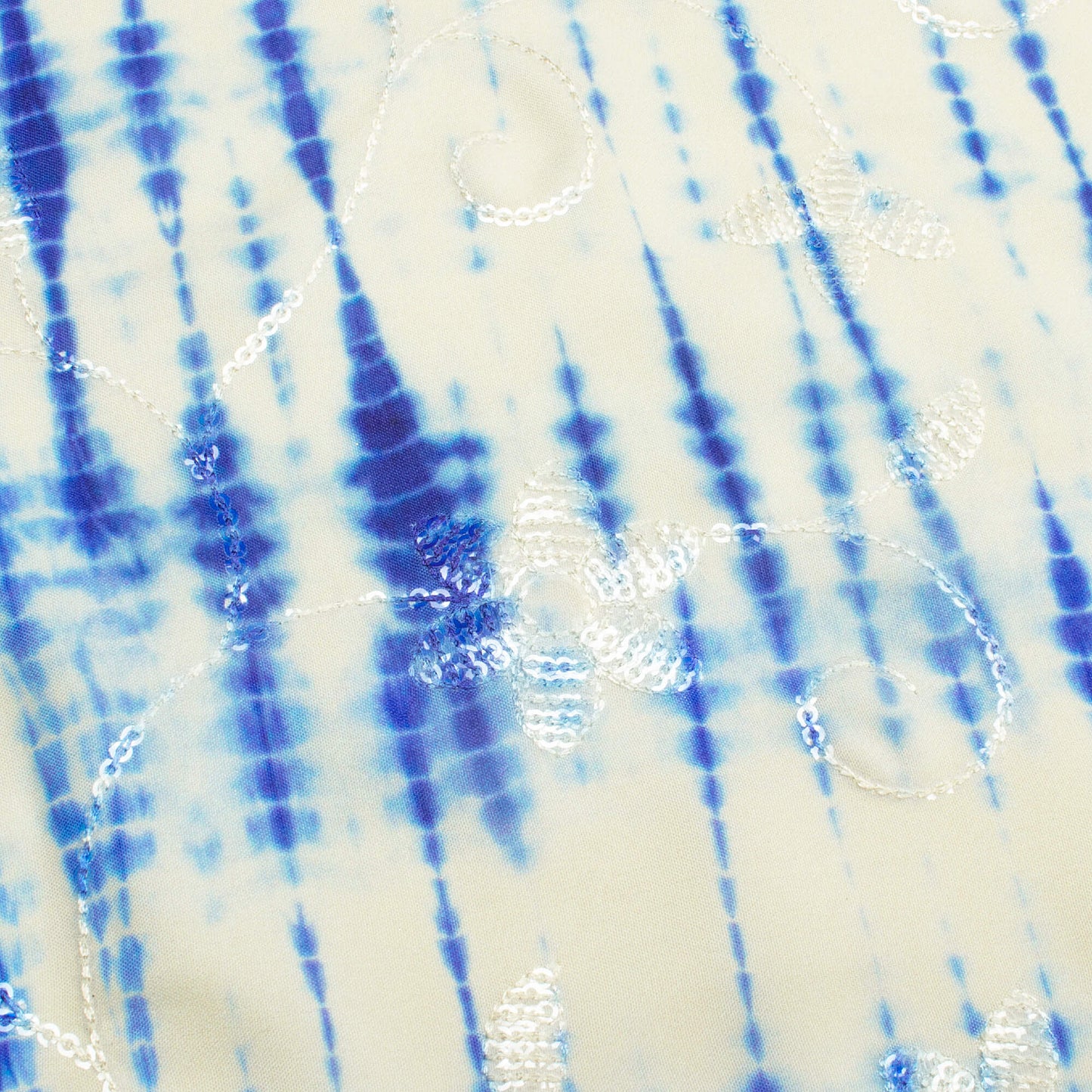 Ivory Cream And Royal Blue Shibori Pattern Digital Print Floral Sequins Embroidery Ultra Premium Butter Crepe Fabric
