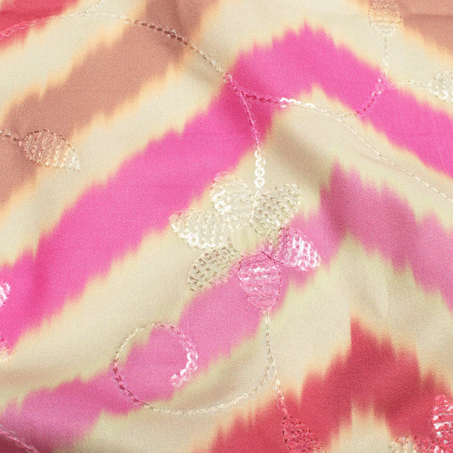 Hot Pink And Oat Beige Chevron Pattern Digital Print Floral Sequins Embroidery Ultra Premium Butter Crepe Fabric