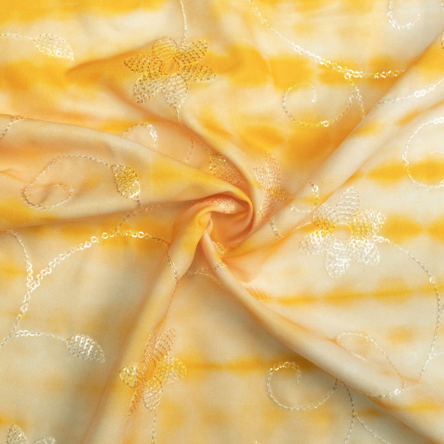 Amber Yellow And White Shibori Pattern Digital Print Floral Sequins Embroidery Ultra Premium Butter Crepe Fabric