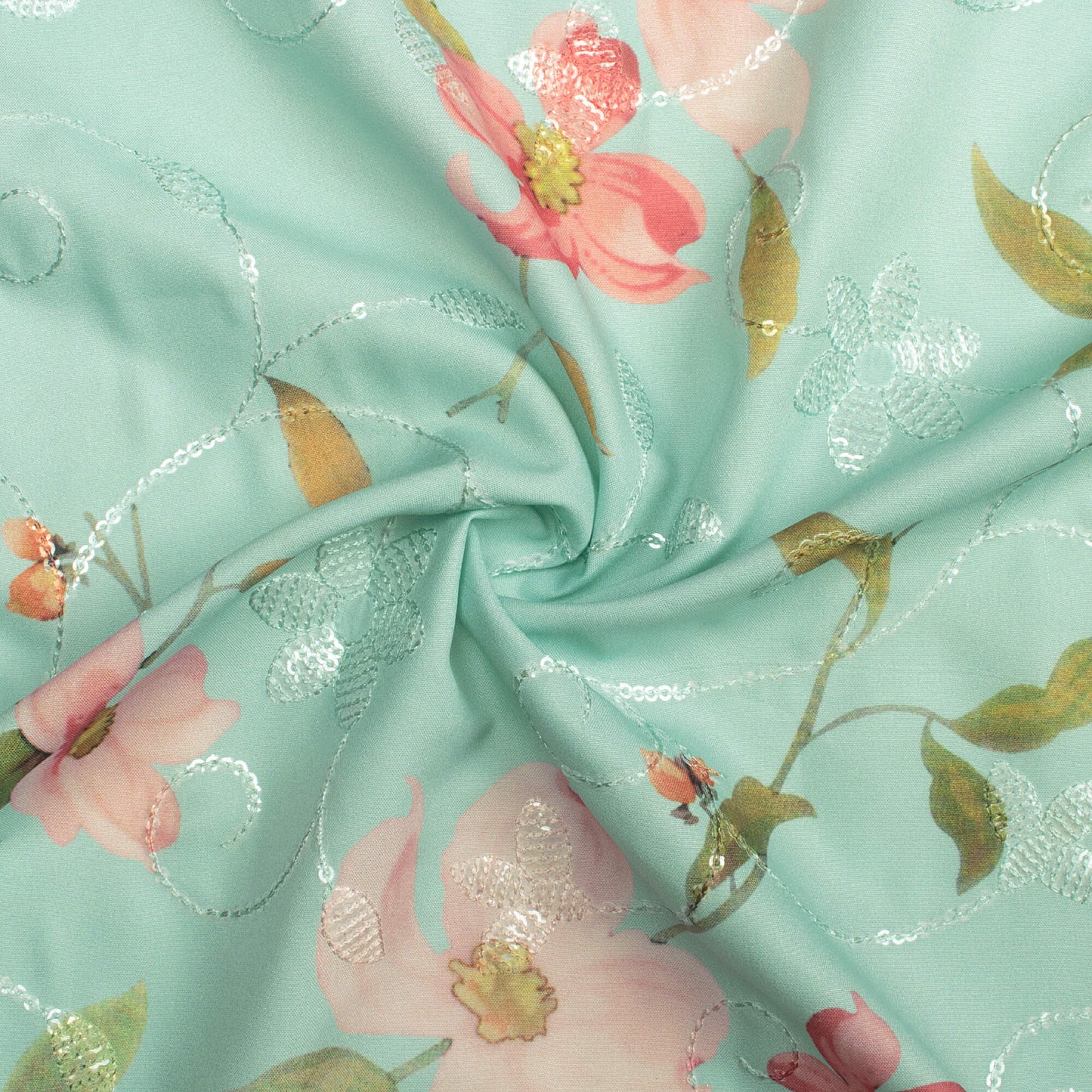 Light Blue And Lavender Pink Floral Pattern Digital Print Floral Sequins Embroidery Ultra Premium Butter Crepe Fabric