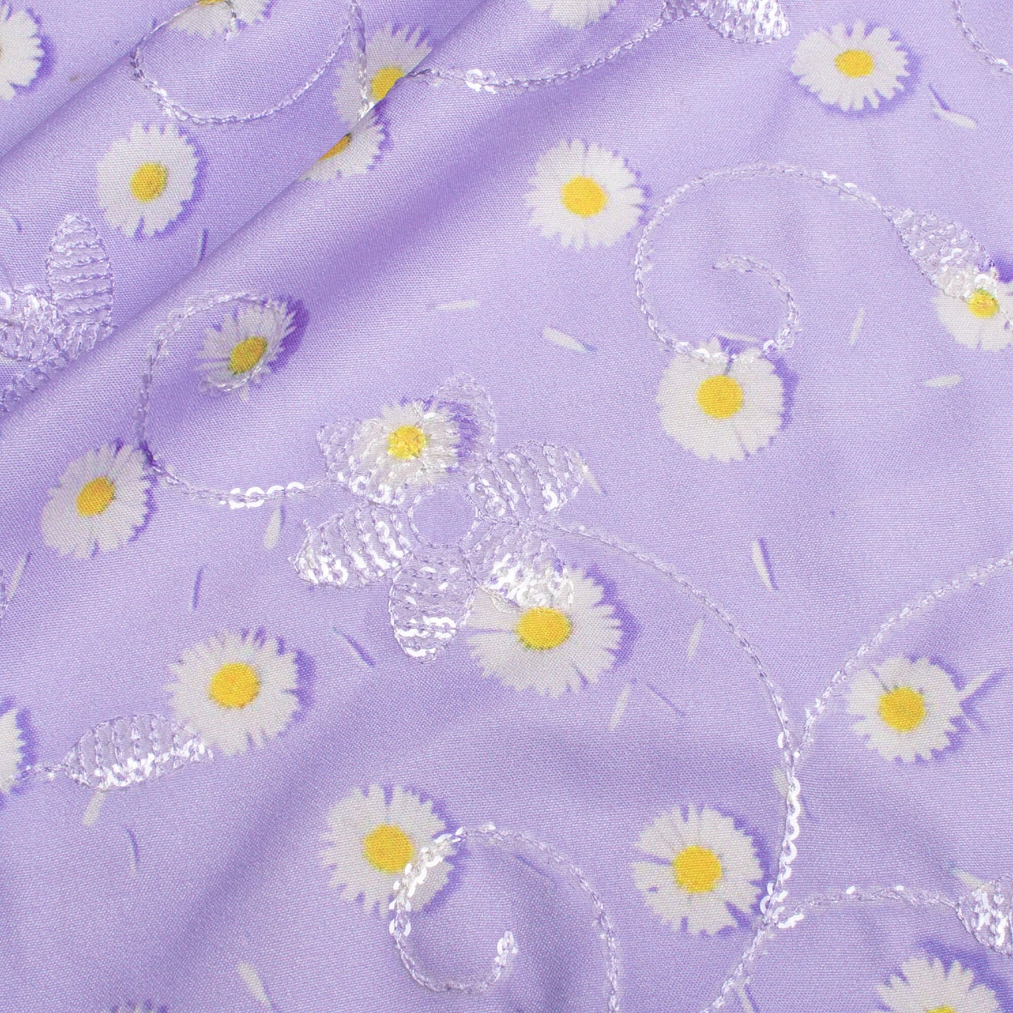 Light Purple And Daisy White Floral Pattern Digital Print Floral Sequins Embroidery Ultra Premium Butter Crepe Fabric