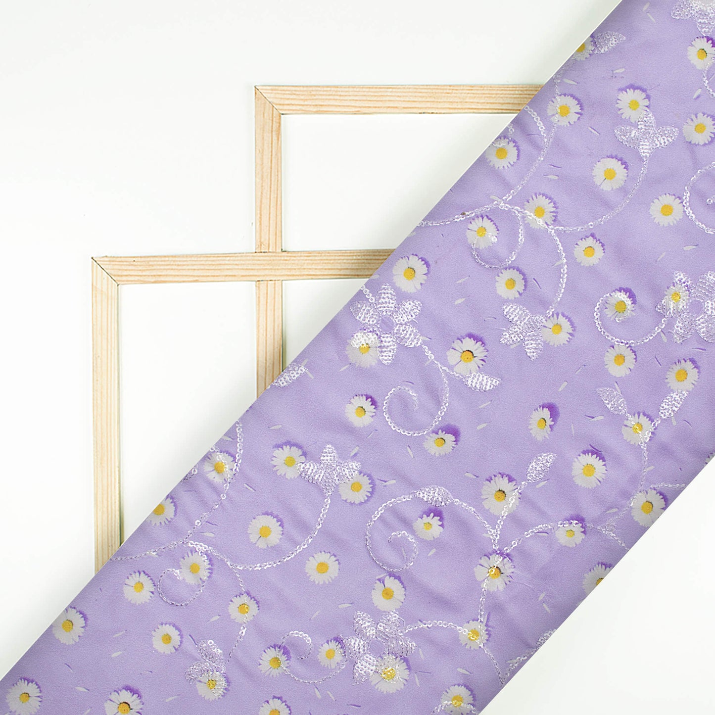 Light Purple And Daisy White Floral Pattern Digital Print Floral Sequins Embroidery Ultra Premium Butter Crepe Fabric